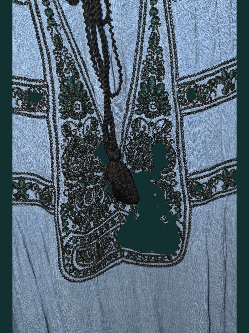 Free People Powder Blue Embroidered Peasant Dress with Green Detailing - Picture 5 of 7